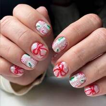 Christmas Nail Art, 24pcs/Set Square Christmas Tree Candy Cane Cute Bow Press-On Short Nails Wearable Set Suitable For Hot Girls, Office Women, Party, Date And Daily Wear And Party Use - Multicolor - View 7