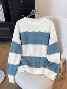 Plus Size Women's Blue & White Horizontal Striped Round Neck Knitted Sweater, Hollow-Out Mesh Knit Long Sleeve Loose Pullover, Beige & Misty Blue Contrast Color Ribbed Cuffs, Casual Commute Inner Layer Or Outer Top For Spring & Autumn - Blue - View 4