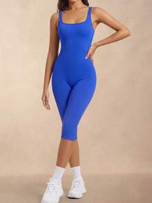 VVX Women's Yoga Capri Jumpsuit Square Neck Tummy Control Butt Lifting Seamless Ribbed Sleeveless Unitard For Gym Autumn/Winter Base Layer - Royal Blue - View 3