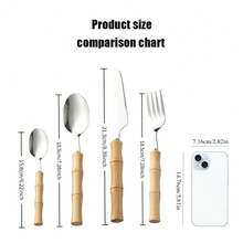 4pcs Bamboo-Knot Handle Stainless Steel Cutlery Set, Bamboo-Knot Shaped Knife, Fork, Spoon, Reusable Utensils, Suitable For Home, Restaurant And Picnic - Silver - View 3