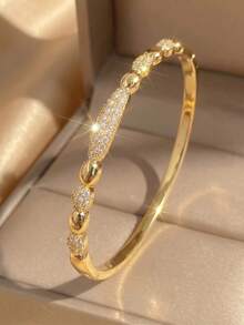 2Pcs Beaded Pave Zirconia Gold-Plated Bangle Ring Set For Women, Minimalist Round Bead Bracelet & Open Ring, Daily Wear Casual Outfit Jewelry Gift - Multicolor - View 8