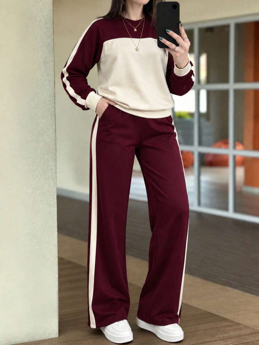 Autumn Fashion New Women's 2 Pieces Set, Sporty Chic Minimalist Colorblock Zip-Up Top With Elastic Waist Pocket Wide-Leg Pants, Comfortable Flattering Slimming Effortless Winter Outfit, Autumn Outfit Inspiration - Wine Red + Apricot - View 1