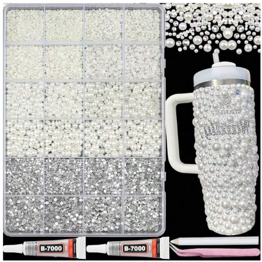 Set, Flat-Back Rhinestone Pearl Gemstone Crafts, Mixed Size Pearls And Rhinestones For Bedding, Handmade DIY Makeup And Cup Decoration, Women's Diamond - Crystal Set - View 1