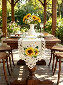 1pc 100% Polyester Fall Sunflower Floral Embroidered Lace Table Runner, Rustic Farmhouse Decorative Table Flag For Home & Party - Multicolor - View 8