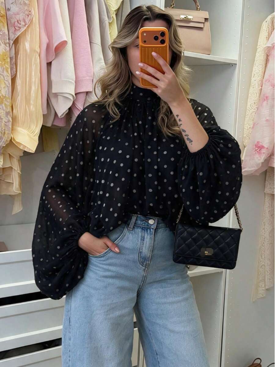 Plus Size Women Polka Dot Print Stand Collar Long Sleeve Loose Blouse - Black - View 1