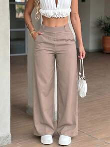 Women's Summer Autumn Basic High Waist Wide Leg Pants, Solid Color Office Business Casual Trousers, Linen Texture Loose Bottoms, Suitable For Back To School Season - Pink Apricot - View 3