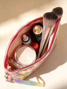 1pc Large Capacity Sequin Floral Fashion Makeup Bag With Handle And Zipper, Portable Cosmetic Storage Organizer For Phone, Coins, Data Cable, Etc., Suitable For Women, Home, Travel, Business Trip, Daily Commute, All Seasons - Multicolor - View 9