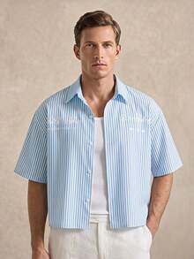 Courvante Tennis Men's Striped Print Drop Shoulder Short Sleeve Shirt Business Daily Commute‌ - Blue - View 1