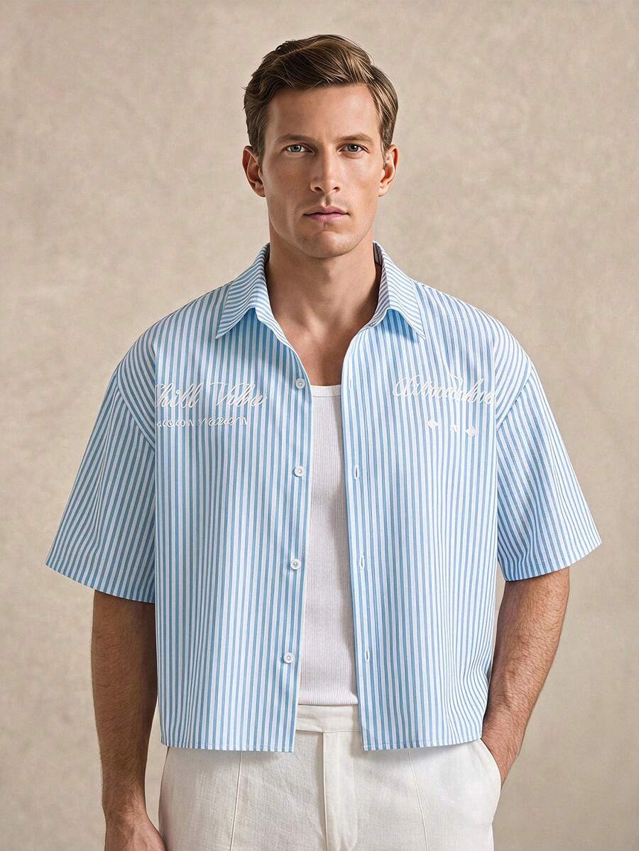 Courvante Tennis Men's Striped Print Drop Shoulder Short Sleeve Shirt Business Daily Commute - Blue - View 1