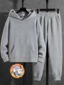 Set 2pcs/Set Baju Sweatshirt Berkerudung Fleece Kasual dan Celana Jogger untuk Anak Laki-laki, Cocok untuk Bepergian dan Dipakai di Rumah pada Musim Gugur/Dingin - Light Grey - View 8