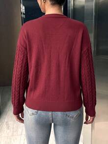 Women's Plus Size Burgundy Cable Knit Tie-Front Cardigan, Long Sleeve, Regular Length, Medium Stretch, Suitable For Autumn/Winter Wear - Burgundy - View 2
