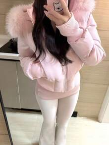 Women's Pink Quilted Padded Coat With Hood And Faux Fur Trim, Ribbed Knit Cuffs And Hem, Full Zip Closure, Winter Outfit Essential - Pink - View 2