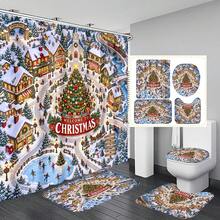 1pc/4pcs Festive Christmas Town Pattern Multi-Functional Bathroom Decor Shower Curtain Set, Free 12 Hooks, Premium Holiday Atmosphere, Bathroom Mat, U-Shaped Rug And Round Toilet Lid Cover, Suitable For All Scenes, Bathroom Set - Merry Christmas Town - View 8