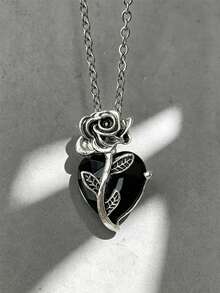 Collar Vintage de Estilo Gótico con Corazón y Rosa, Cadena para Clavícula con Flor Envuelta en Forma de Corazón de Estilo Oscuro, Adecuado para Combinar con Atuendos Diarios, de Fiesta y Casual, Collar con Colgante de Corazón de Rosa con Strass para Mujeres, Día de San Valentín - Negro - Ver 5