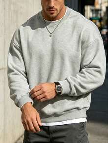 Sweatshirt Pria Kerah Bulat Minimalis Musim Gugur/Dingin Atasan Kasual Serbaguna Esensial Layering Streetwear - Light Grey - View 1