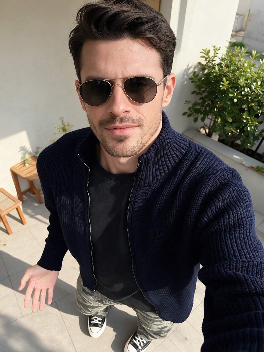 ALTZTAR Men's Draped Loose Knit Cardigan, Chunky Knit High Elasticity Double Zipper Stand Collar Top - Navy Blue - View 1