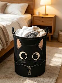 Large Capacity Foldable Cat Laundry Basket With Handle - Cute Tabby Cat Face Storage Bin, Dirty Clothes Organizer, Portable Polyester Storage Bag, Suitable For Bedroom, Dorm, Room - Space-Saving Laundry Basket, Essential Home Helper - Multicolor - View 6