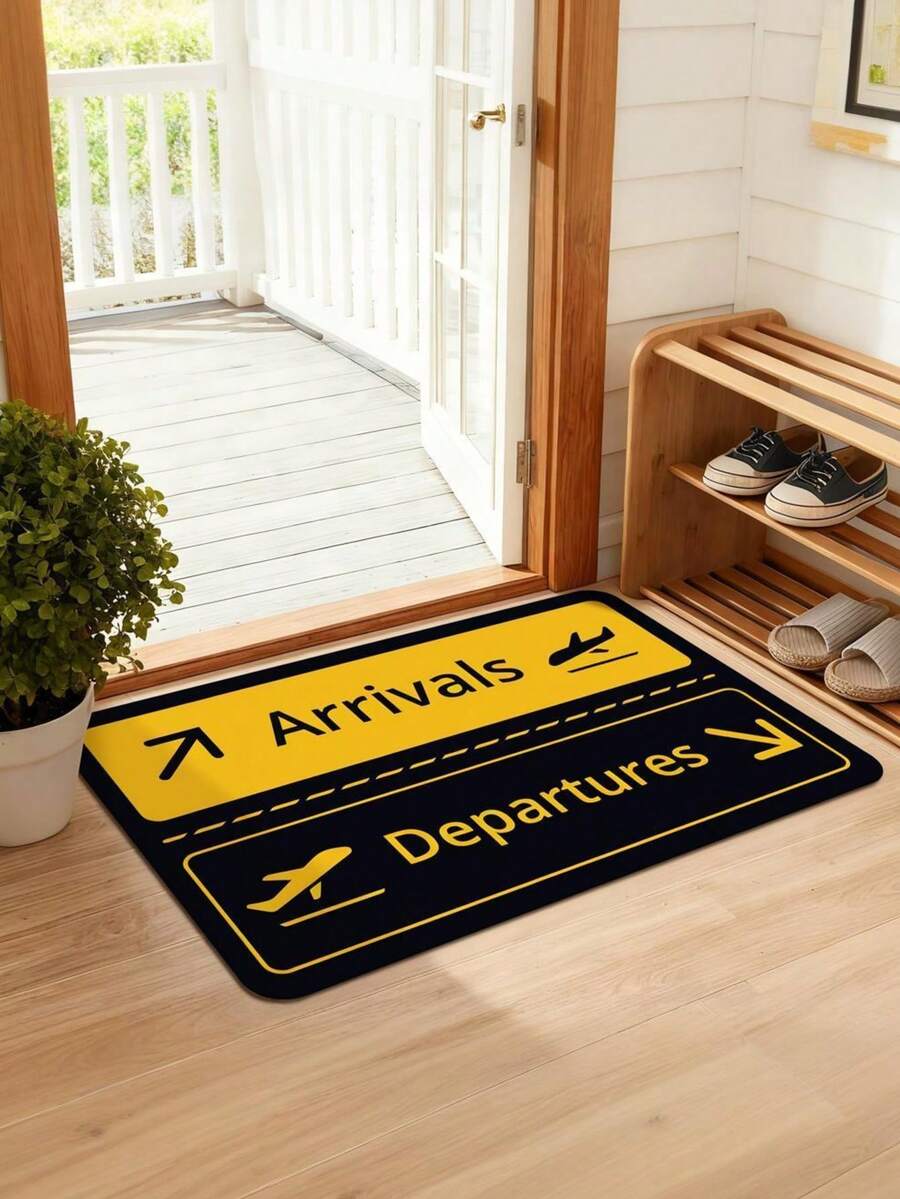 1pc Airport Theme Doormat With Airplane Design - Soft Floor Mat For Home Entryway, Living Room, Bedroom - Black And Golden Travel Decor, Hand Washable, Multiple Sizes Ava - Black - View 1