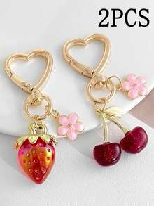 2PCS Multi-Color Strawberry & Cherry Keychains, Fashionable & Durable Bag Charms, Car Key Rings, Creative Small Gifts Suitable For Friends - Multicolor - View 8