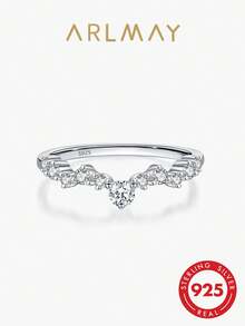 Arlmay 1pc 925 Sterling Silver Wave Drop Round Zirconia Ring For Women Fashion Wave Design Jewelry Party Anniversary Gift - Silver - View 2