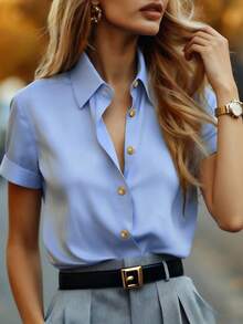 DONICY Women's Blue Short Sleeve Shirt, Satin Texture, Lapel Gold Buttons, Office Daily Casual Versatile Style Shirt - Blue - View 3
