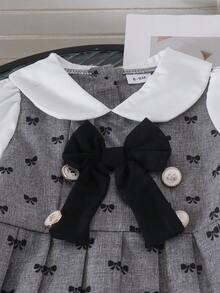 1pc Baby Girl Cute College Style Peter Pan Collar Contrast Color 3D Bow Long Sleeve Dress Thin Spring Autumn - Light Grey - View 3