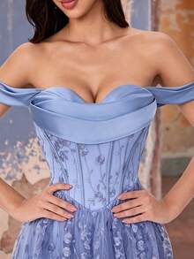Autumn/Winter Elegant Cold Shoulder Heart-Shaped Neckline Satin Contrast Lace Fitted Corset A-Line Long Bridesmaid Dress, Formal Evening Gown For Party, Wedding Guest, Ball - Dusty Blue - View 7