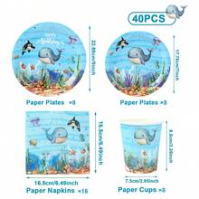 Ocean Animal Theme Party Disposable Paper Tableware Set, Ocean Pattern 8pcs 7-Inch & 9-Inch Birthday Disposable Plates, Whale Pattern 8pcs Paper Cups, Underwater Baptism Whale Style 16pcs Napkins, Suitable For Underwater Theme Party, Birthday, Holiday, Family Gathering & Party Decoration Supplies Set, Christmas - Blue - View 5