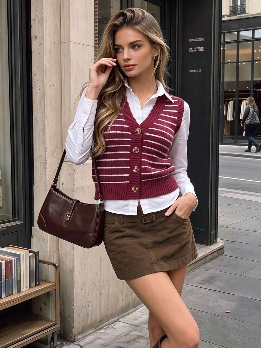 Aflion Women's Summer Autumn Striped Knit Vest, V-Neck Front Button Sleeveless Cropped Sweater Vest - Burgundy - View 1