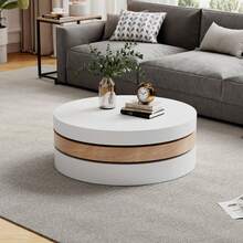 Three-Tier Cylindrical Coffee Table/Multi-Layered Color Scheme/Load Capacity: 30 Kg/Top And Bottom Panels Rotate 360°/Compact Size/Suitable For Living Room, Bedroom, Work Area/White + Natural Wood - White + Natural Wood - View 4