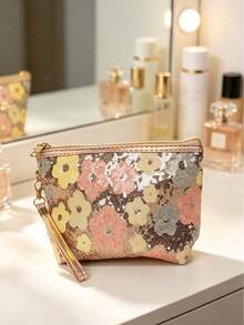1pc Large Capacity Sequin Floral Fashion Makeup Bag With Handle And Zipper, Portable Cosmetic Storage Organizer For Phone, Coins, Data Cable, Etc., Suitable For Women, Home, Travel, Business Trip, Daily Commute, All Seasons - Multicolor - View 8