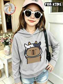 Kids Hooded Sweatshirt, Capybara In Cow Hat Graphic Print Thick Fleece Lined Pullover For Kids - Flower Gray - View 2
