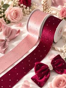 2yards 1.58inch(4cm) Rhinestone Flocked Satin Ribbon, Wedding Gift Box Packaging Tie, Bouquet Decoration DIY Bow Clothing Accessory - Multicolor - View 1