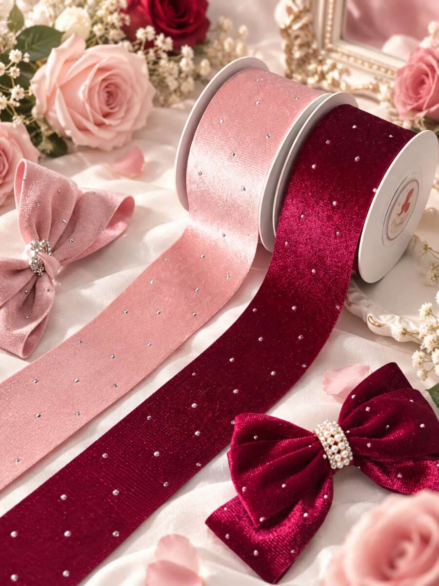 2yards 1.58inch(4cm) Rhinestone Flocked Satin Ribbon, Wedding Gift Box Packaging Tie, Bouquet Decoration DIY Bow Clothing Accessory - Multicolor - View 1