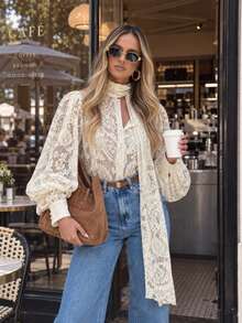 Women's Vintage Lace Semi-Sheer Ribbon Top, Early Autumn Long Sleeve Atmospheric Cuffed Button Decor Elegant Fashion Top, Suitable For Commuting, Dating, Tea Party, Airport - Apricot - View 5