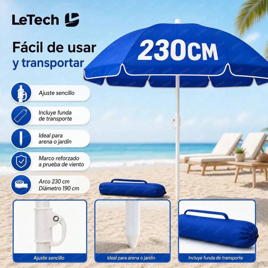 Sombrilla Central Redonda para Playa y Jardín de 2.3 m con Protección UV y Anti Viento - Azul - Ver 1