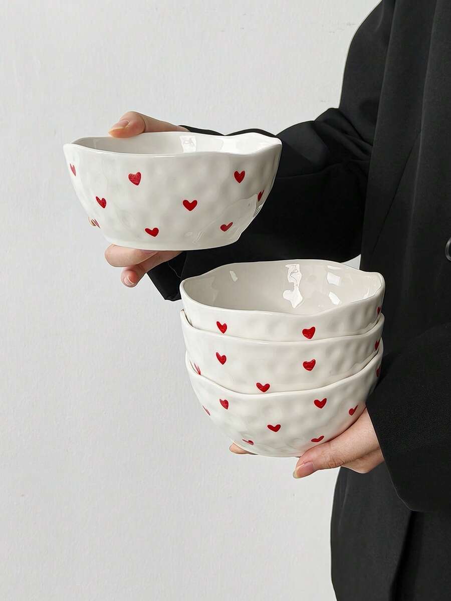 1pc/2pcs/4pcs Korean Ins Style Hand-Painted Small Heart Love Ceramic Handmade Bowl, Highly Attractive Cute Pattern Bowl, Daily Dessert Bowl, Ice Cream Bowl, Fruit Salad Bowl, Home Rice Bowl