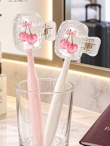Bow Glitter Cherry Toothbrush Protective Storage Box, Paired With Toothpaste Squeezer Transparent Clip-On Toothbrush Holder, Suitable For Home And Travel, Family Gift, Back To School Season, Back To School Gift, Couple Gift, Easter - Multicolor - View 3