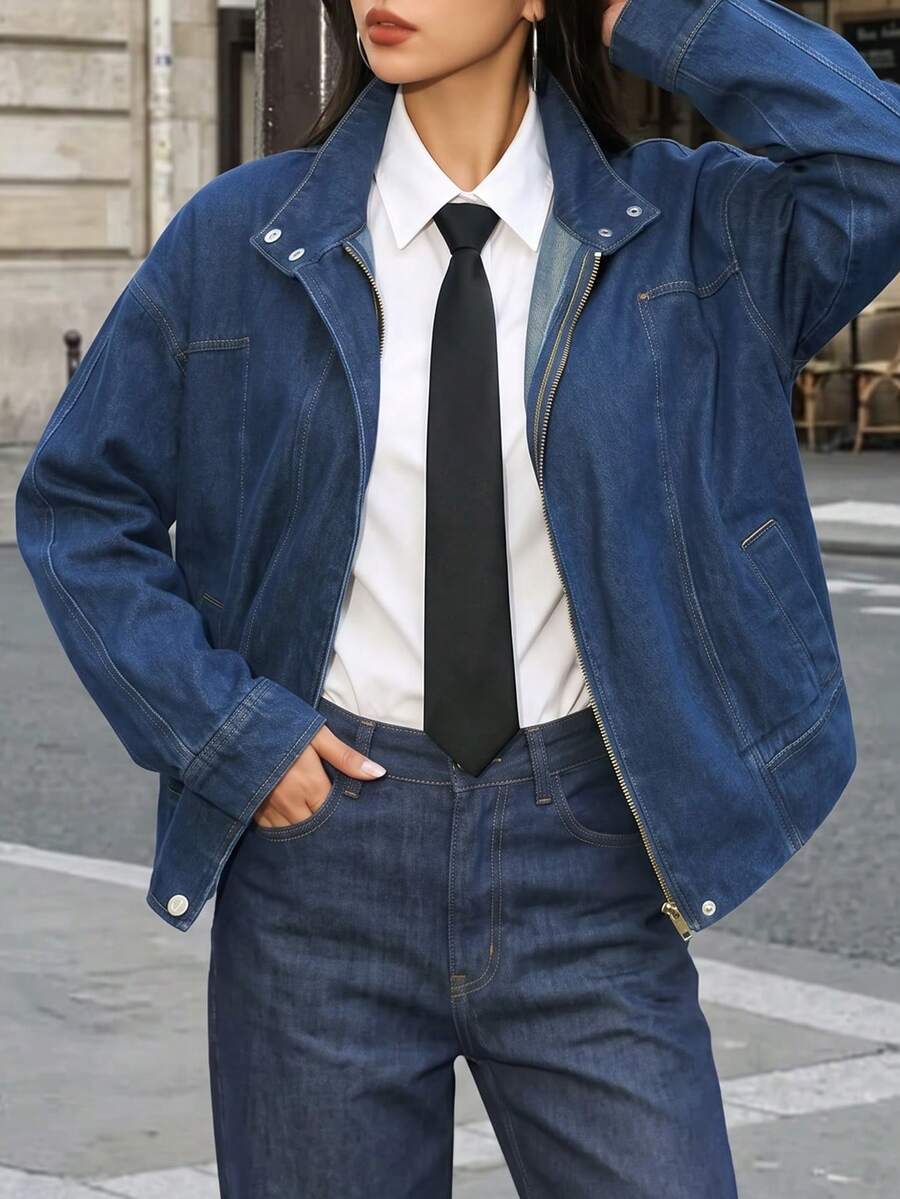 Women's Vintage Casual Regular Fit Denim Jacket With Pockets, Zipper And Turn-Down Collar - Dark Wash - View 1