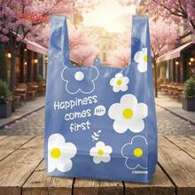 5/50/100件耐用塑料手提袋，印有「Happiness First」花卉圖案，加厚堅固，適合購物、禮品、收納，適用於小企業、雜貨店、烘焙店，適合母親節、婚禮季、開學季 - 藍色款 - 查看 14