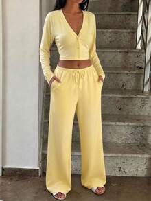 Autumn/Winter Cardigan Hidden Button V-Neck Slim Fit Tie Waist Long Set - Yellow - View 5