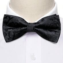 5Pcs Men Black Floral Jacquard Bow Tie Pocket Square Cufflinks Ring Boutonniere Set, Cufflinks Pattern Random For Wedding - Black - View 3