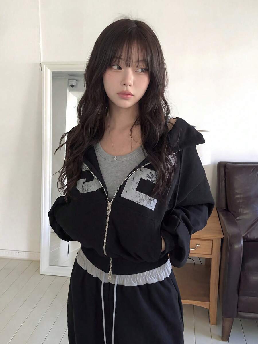 Vintage Printed Distressed Zip-Up Hoodie - Black - View 1