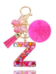 1pc Pink Letter Keychain, Initial Letter Car Key Chain Pendant, Cute Butterfly Tassel Fur Ball Charm For Girls Bag Key Ring Accessory, Halloween Gift Decoration, Suitable For Decorating Handbags, Wallets, Backpacks, Valentine's Day, Bachelorette Party Gift - Hot Pink - View 29