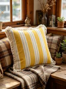 1PC American Country Printed Pillowcase Cover With Tassel Border, Double-Sided Decorative Pillowcase, Yellow Striped Green Polka Dot Design Pattern, Home Decoration, Sofa, Bed, Bedroom(Excluding Pillow Core)-Size Excludes 3cm Tassels - Multicolor - View 2