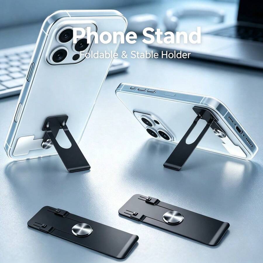 Phone Slim Kickstand, Ultra Thin Vertical And Horizontal 360° Rotating Universal Steel Metal Stable Stand Pocket Friendly Sticky Holder Compatible With Iphone/Android Cellphone Case - Black and White - View 1