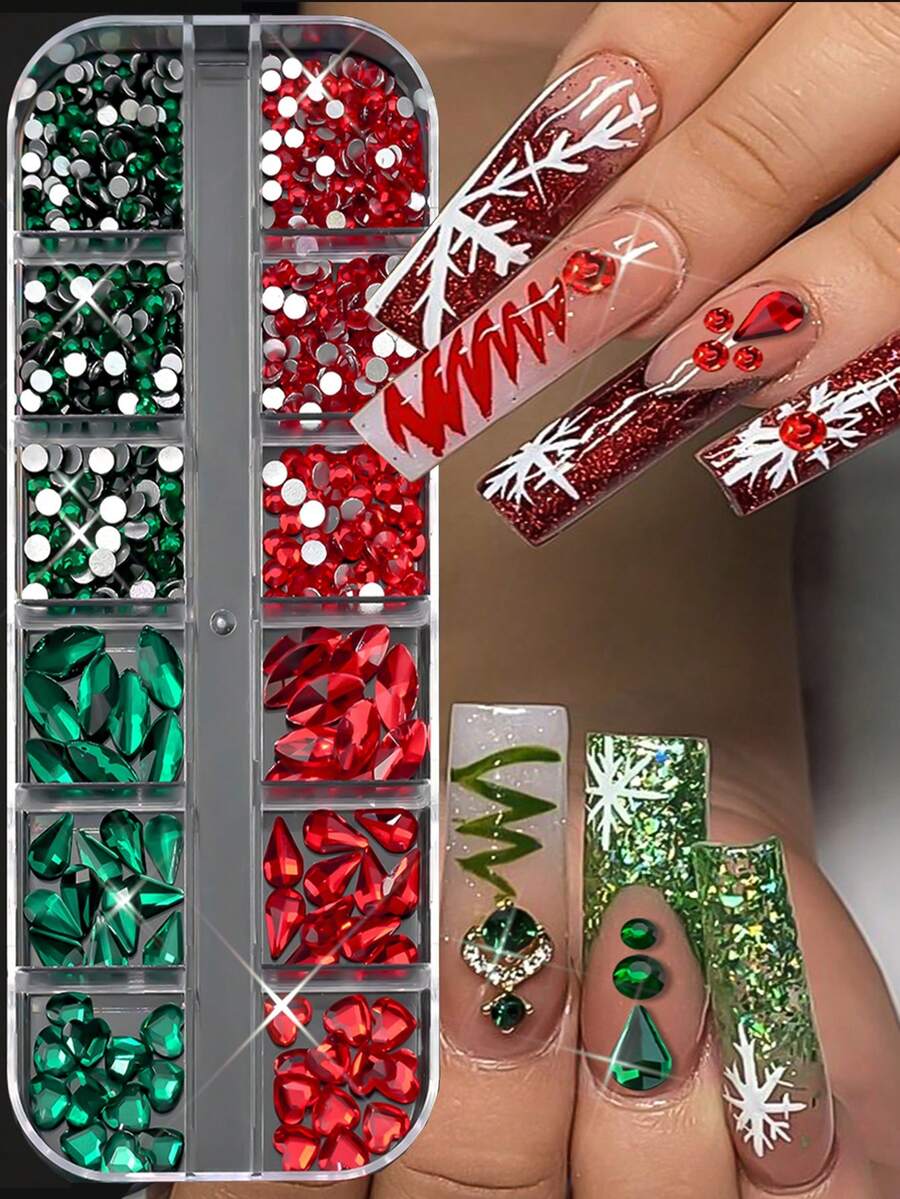 12 Grids Christmas Nail Rhinestones Kit, Red Green Mixed Multi‑Shape Heart Teardrop Round Flatback Crystal Gems, 3D Nail Art Charms For Xmas Winter Manicure DIY Decorations Supplies - Multicolor - View 1