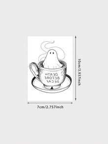 1pc Temporary Tattoo Sticker, Line Art Ghost In Coffee Cup Pattern, Realistic Fake Tattoo Design, For Daily Wear, Bachelorette Party Favors, Music Festival, Game, Graduation Gift, Lasts 3‑5 Days - Black - View 2