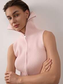 Women's Solid Color Zipper Ribbed Knit Vest - Pink - View 4