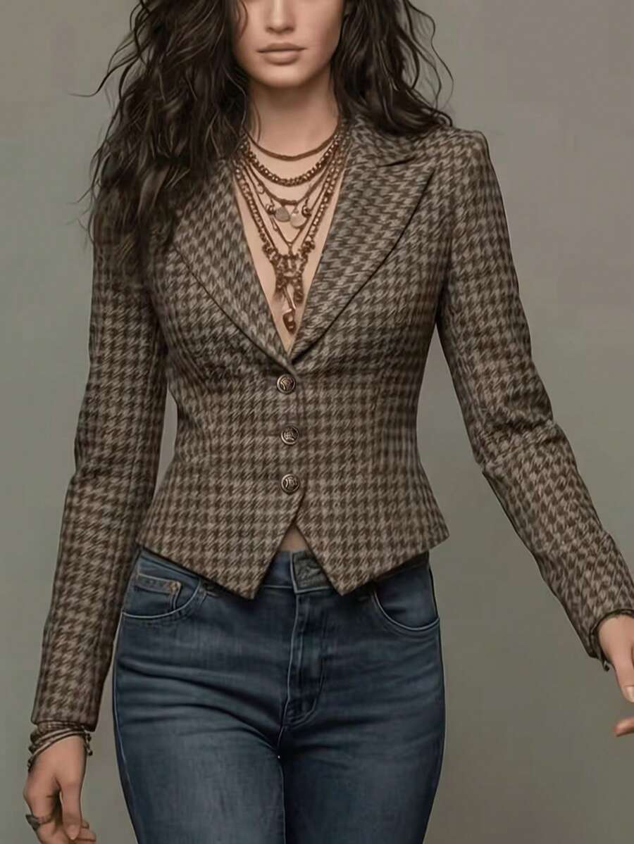 Women's Houndstooth Woven Blazer Jacket, Button Front Closure, Long Sleeve Slightly Dropped Shoulder Design, Regular Fit, Short Length, Wool Blend Fabric, Cinched Cinched Waist, Vintage Plaid Pattern, Notch Lapel - Mocha Brown - View 1